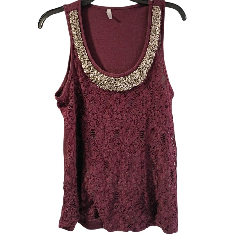 EUC Sheer Burgundy Purple Vanity Sleeveless Women's Top‎ Size Large Sequin Neck